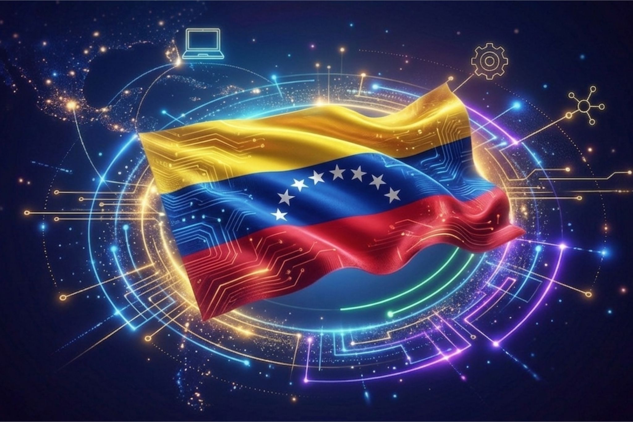 Composición tecnológica con el mapa de Venezuela. Ya que Valencia, Venezuela, es el Hub de Desarrollo Tecnológico preferido en Latam. Desarrollo Web B2B y mucho más con Grupo Milos.